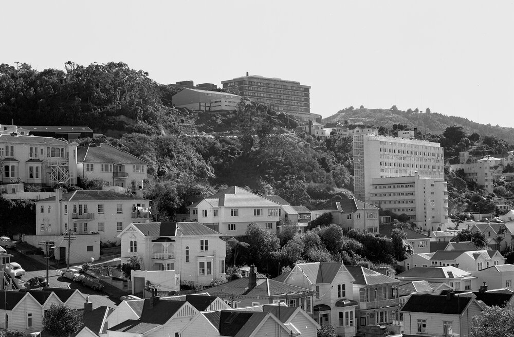 [View from roof of Dental Clinic, Willis Street, Wellington, showing Victoria University of Wellington and Rankine Brown building]