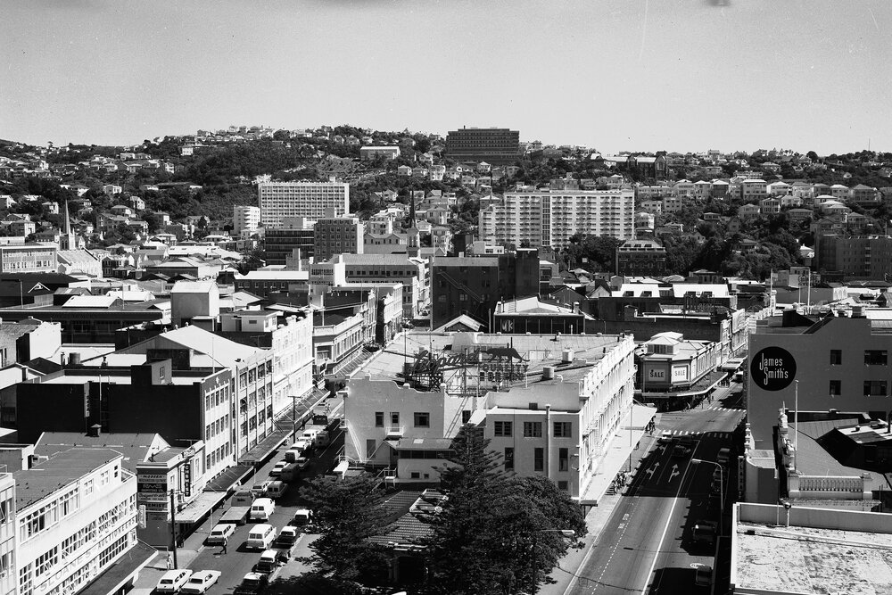 [View from roof of Inland Revenue Department, showing Dixon and Manners Streets, Wellington]
