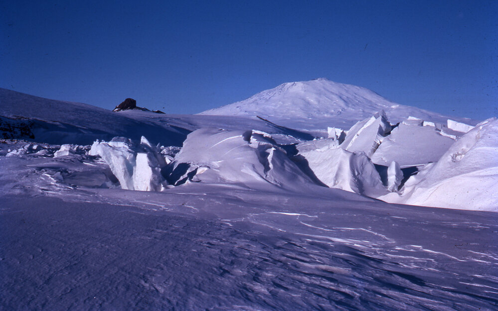 Mt Erebus. Pressure ridges in foreground
