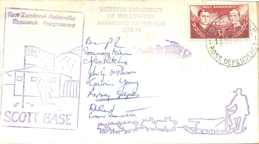 Scott Base envelope with Ross Dependency stamps and signatures