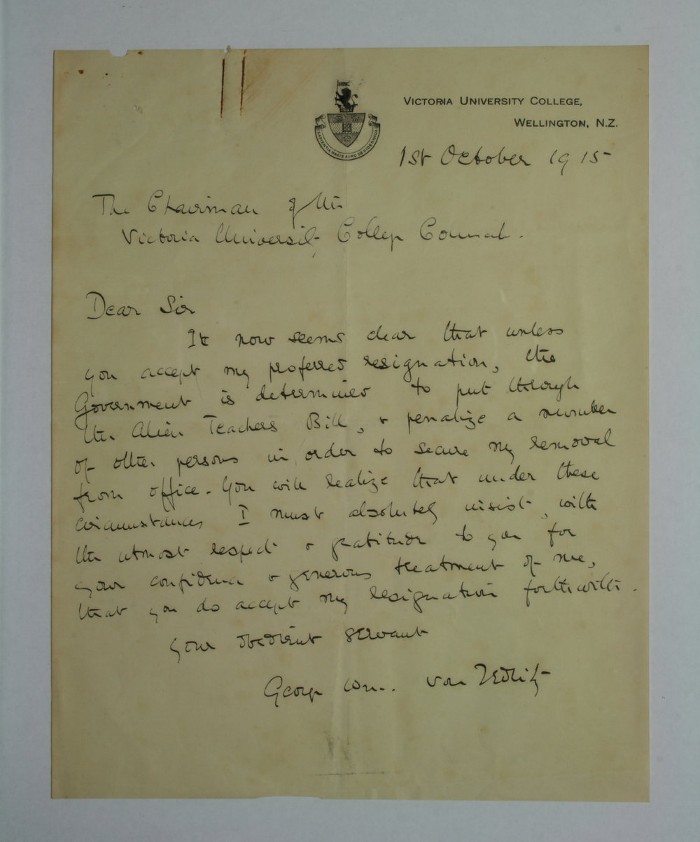 Letter to the Chairman, Victoria University College Council from Professor George Von Zedlitz. 1st October 1915