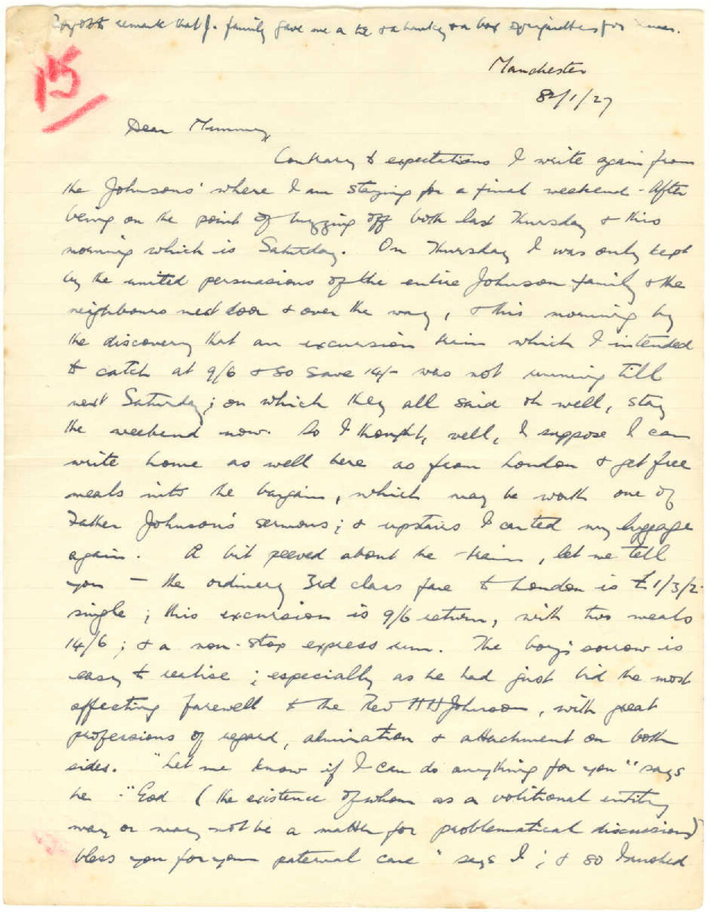 Letter from John Cawte Beaglehole to his Mother, 8 January, 1927