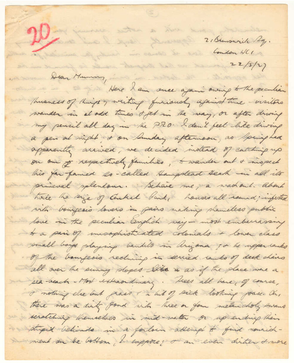 Letter from John Cawte Beaglehole to his Mother, 22 March 1927