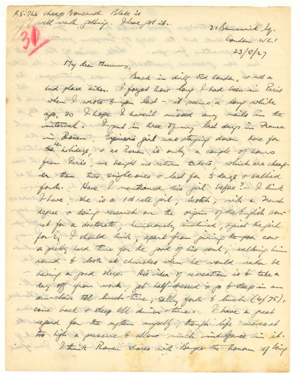 Letter from John Cawte Beaglehole to his Mother, 23 August 1927
