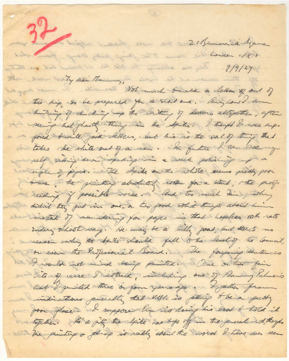Letter from John Cawte Beaglehole to his Mother, 9 September 1927