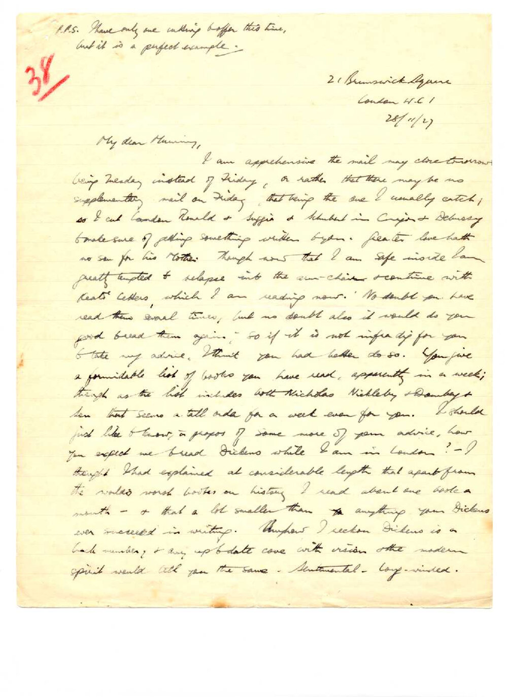 Letter from John Cawte Beaglehole to his Mother, 28 November, 1927