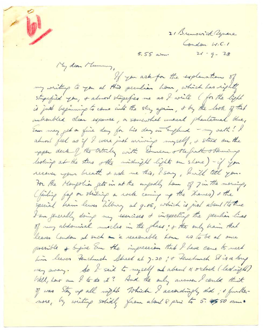 Letter from John Cawte Beaglehole to his Mother, 21 September, 1928