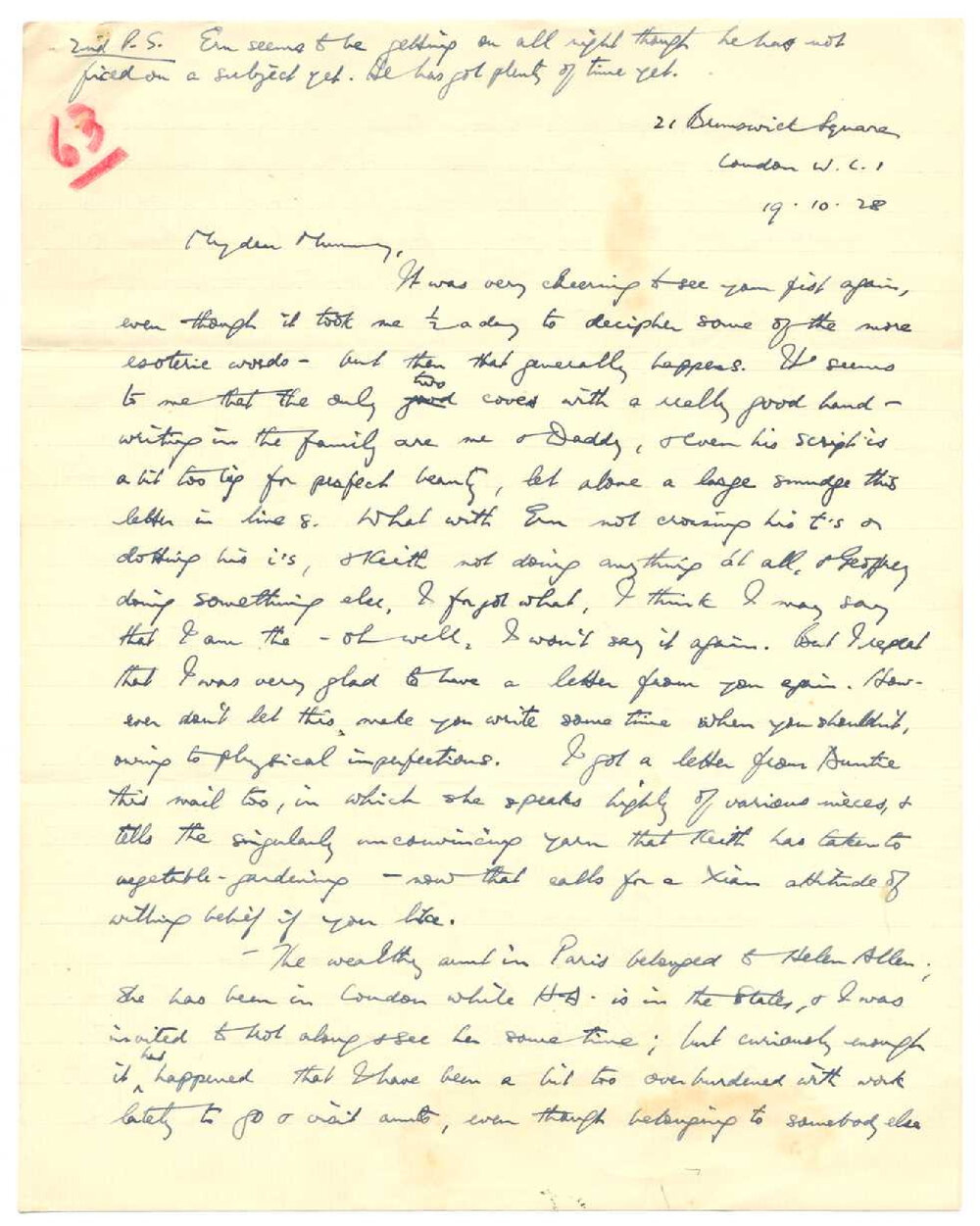 Letter from John Cawte Beaglehole to his Mother, 19 October, 1928