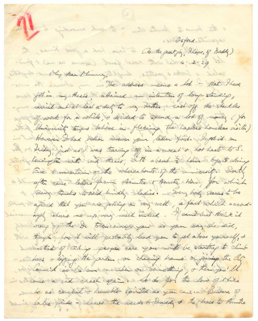 Letter from John Cawte Beaglehole to his Mother, 4 February, 1929