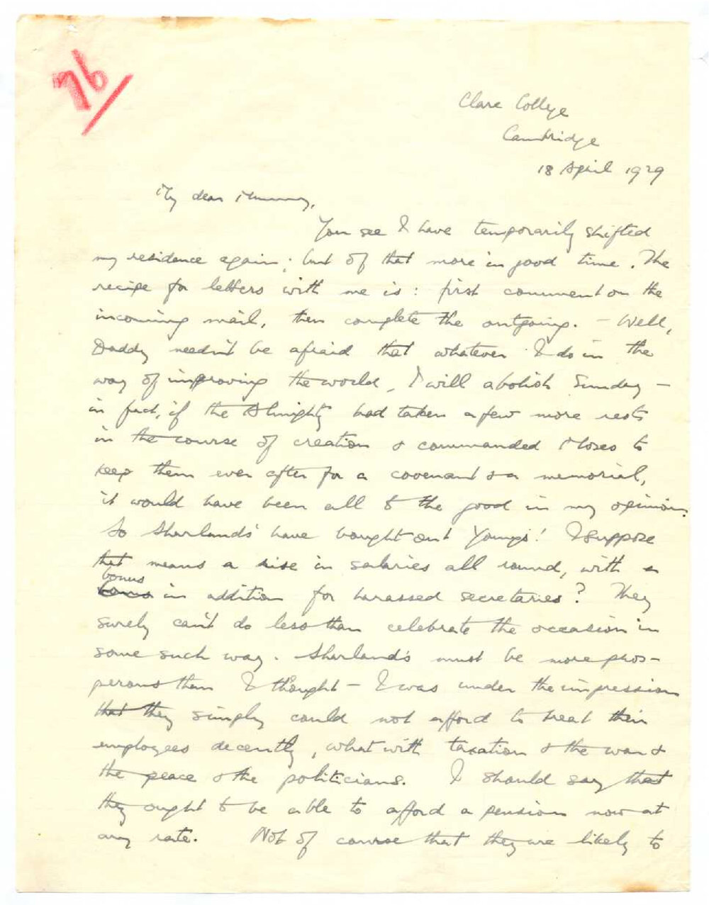 Letter from John Cawte Beaglehole to his Mother, 18th April, 1929