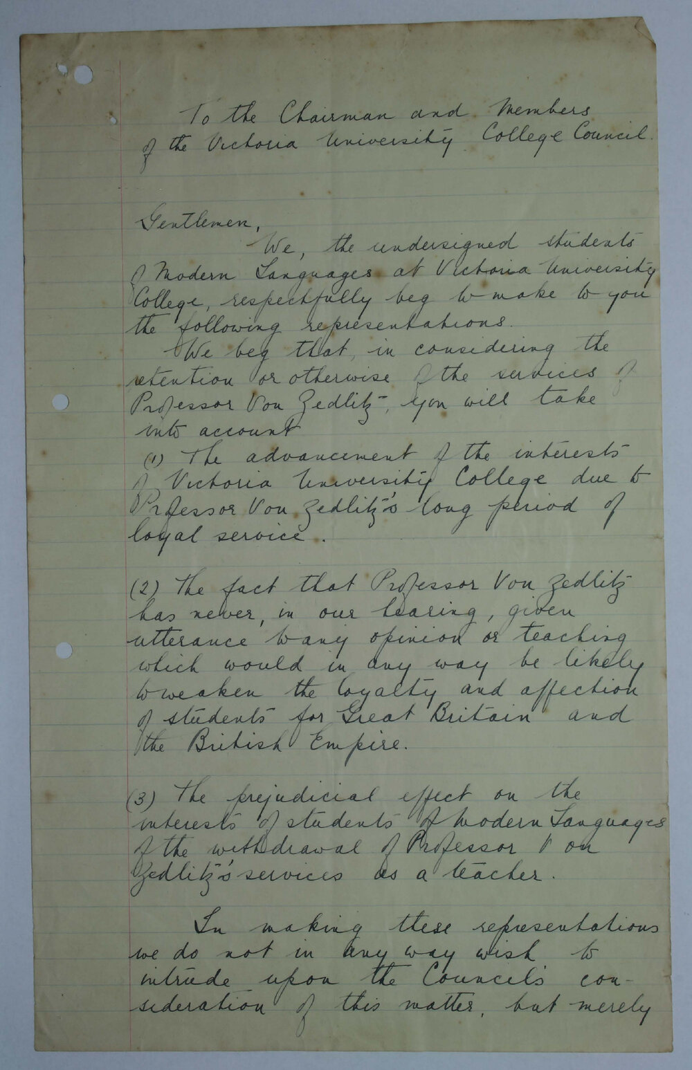 Letter to the Chairman and Members of the Victoria University College Council. 28 May 1915.