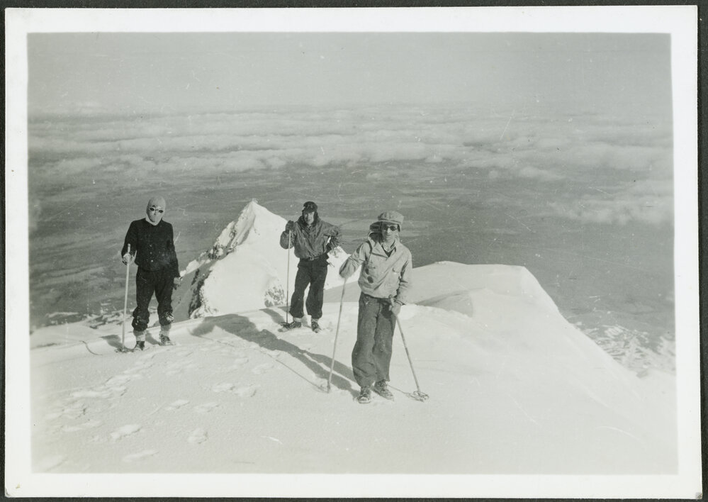 View South from top of Ruapehu. Alec McLeod, Jim Croxton, Henry Lang.
