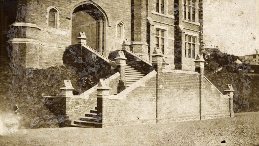 Main steps of Victoria University College Hunter building, from south