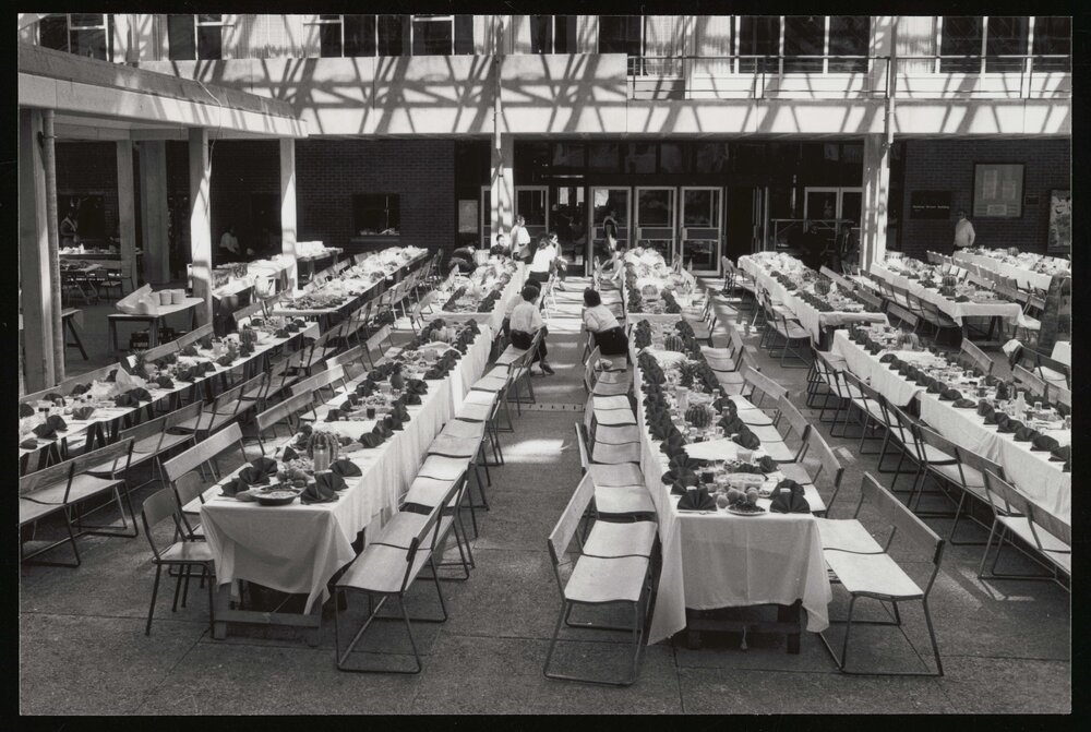 Opening of Te Tumu Herenga Waka - tables and chairs are set in the quad as the wharekai