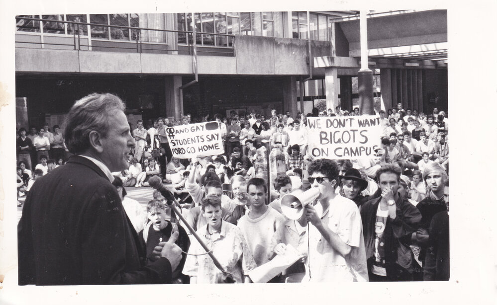 Protest against evangelist Leighton Ford at Victoria University Orientation 1987 [1]