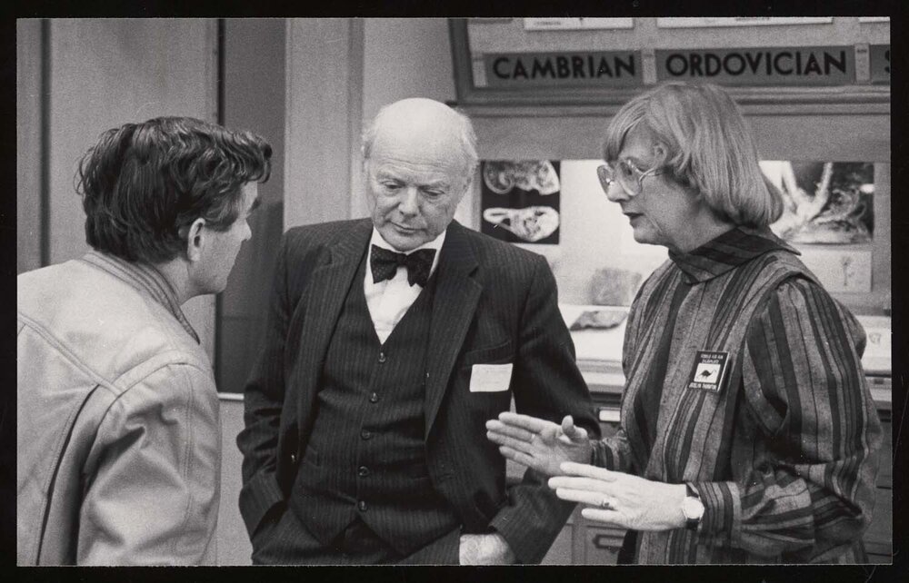 A visitor, Sir Charles Fleming and museum curator Mrs Jocelyn Thornton at the RSES opening