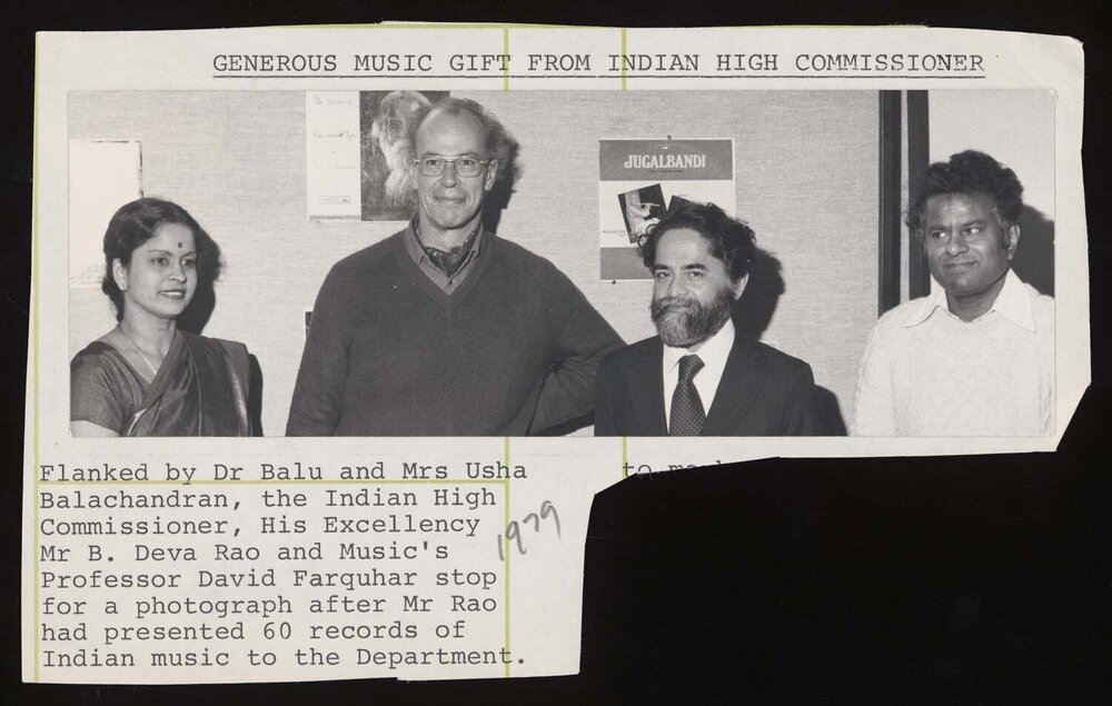 Mrs Usha Balachandran, Music Professor David Farquhar, Indian High Commissioner, His Excellency Mr B. Deva Rao and Dr Balu