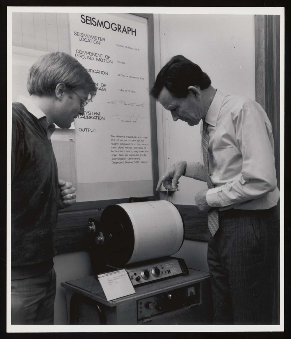D.A. Rhoades and Prof. F. F. Evison looking at the Institute of Geophysics seismograph