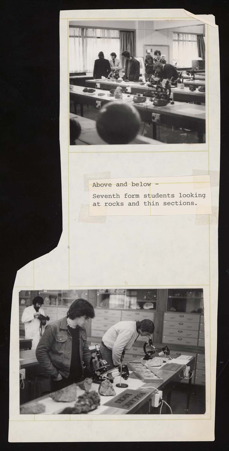 7th form students looking at rocks and thin sections