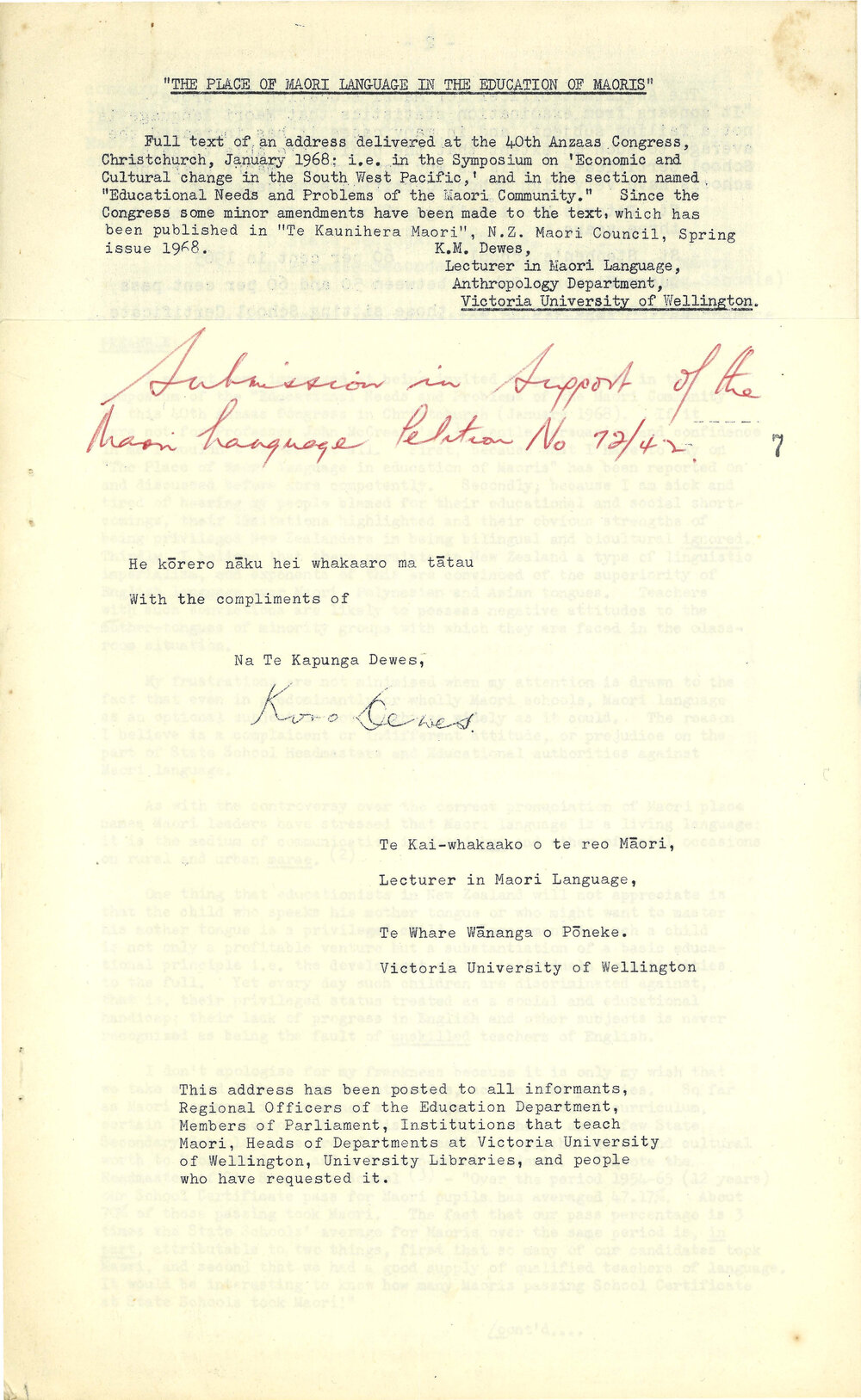 Koro Dewes Māori Language Petition Submission, 1972