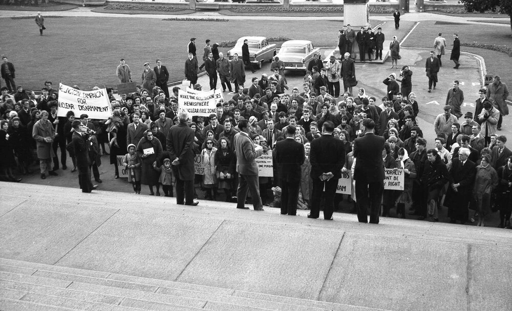 Campaign for Nuclear Disarmament protest march at Parliament steps