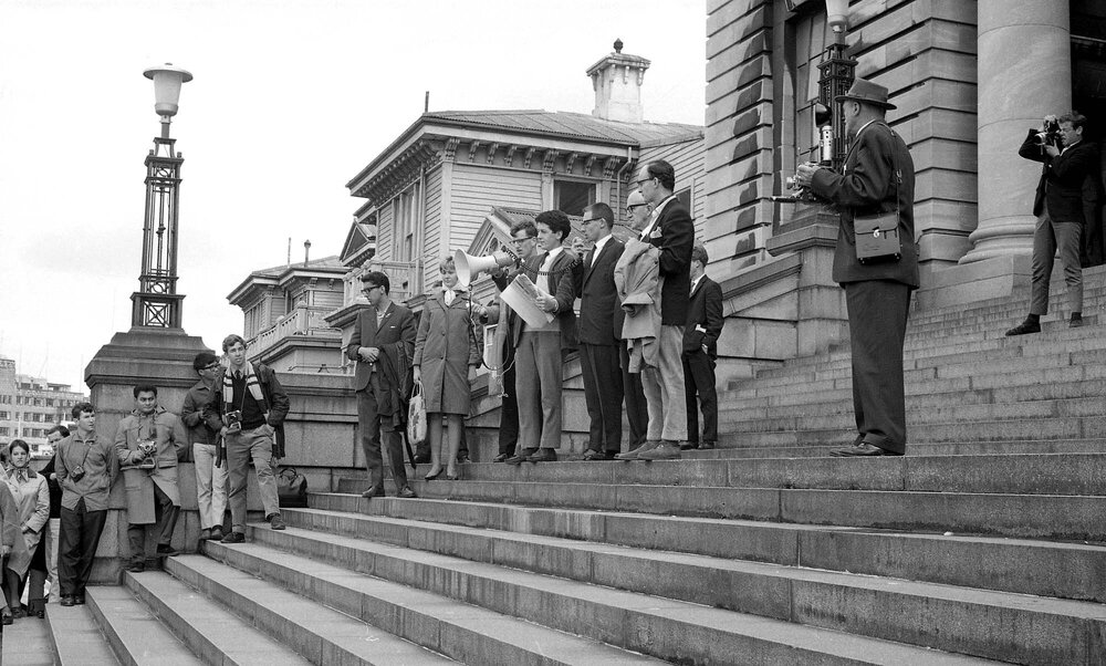 Student leaders on Parliament steps for university fee increases protest
