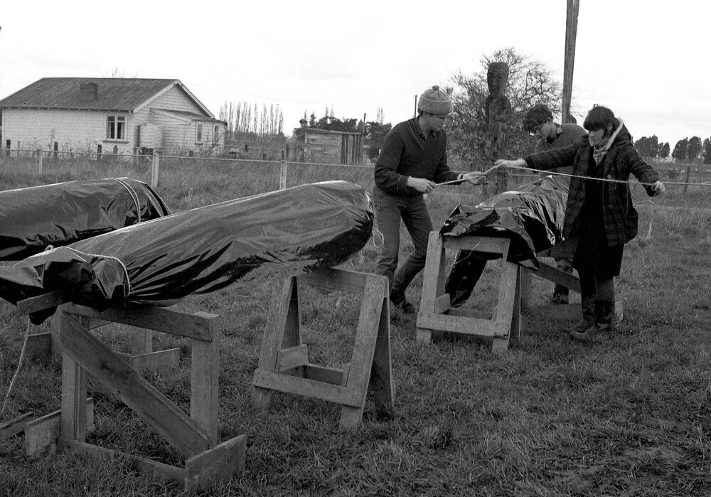 Protecting tekoteko from the rain at Pāpāwai marae