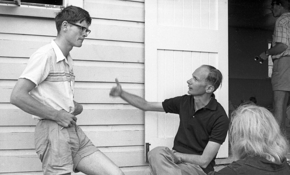Hugh Rennie [?] and lecturer talk at the annual Student Congress at Curious Cove