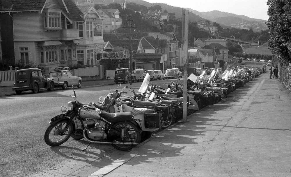 Motorcycles parked down Kelburn Parade 
