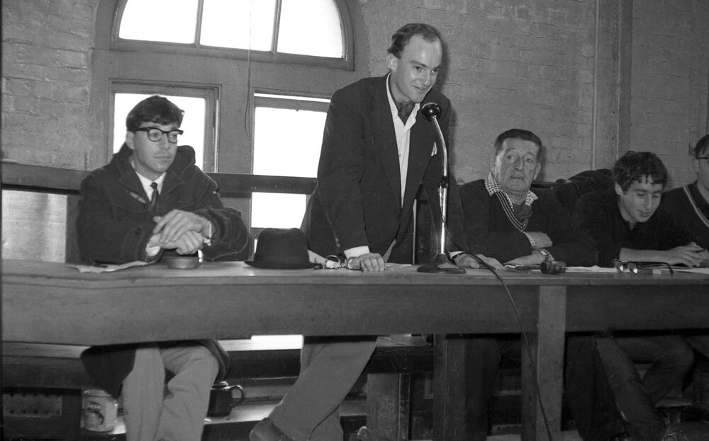 Tim Bertram speaks at a meeting with Wellington Waterside Workers' Union