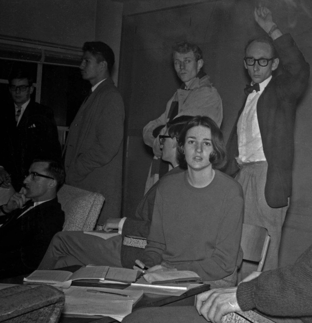 Roger Clark and Peter Blizard at Victoria University Students' Association meeting on fee increases