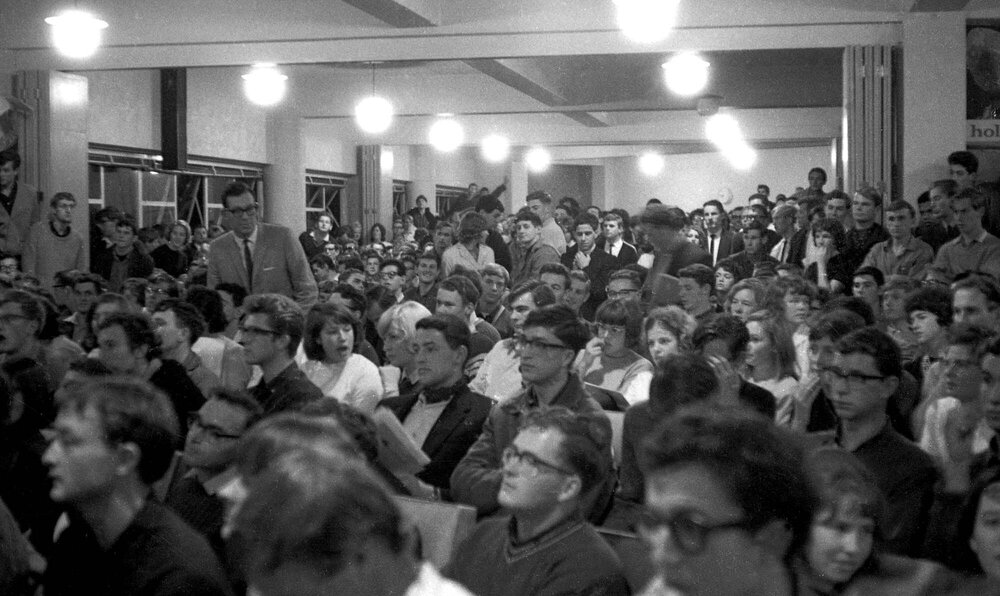 Crowded union hall at Victoria University Students' Association meeting on fee increases