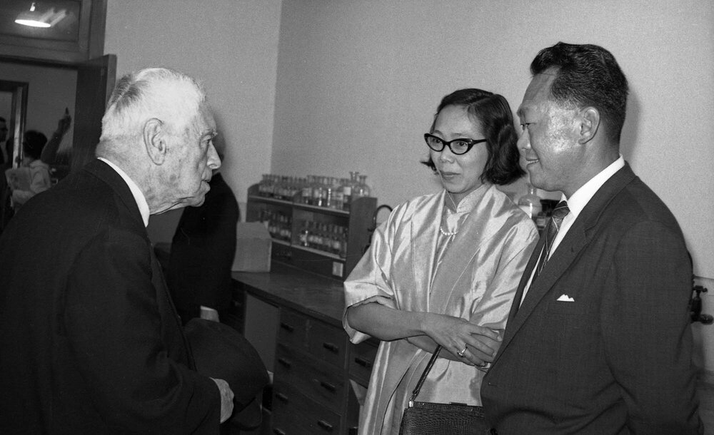 Walter Nash speaking with Dr Lee Kuan Lew and Kwa Geok Choo