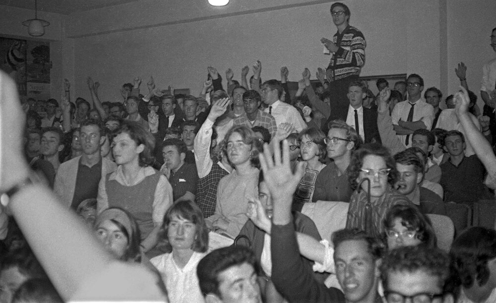 Crowded room at Victoria University Students' Association meeting on fee increases
