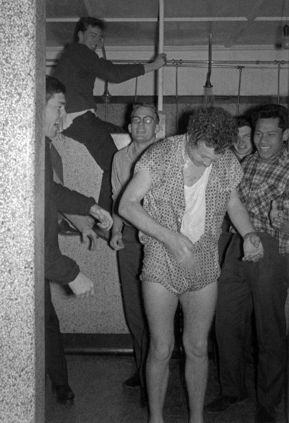 Students playing a prank in the Weir House showers