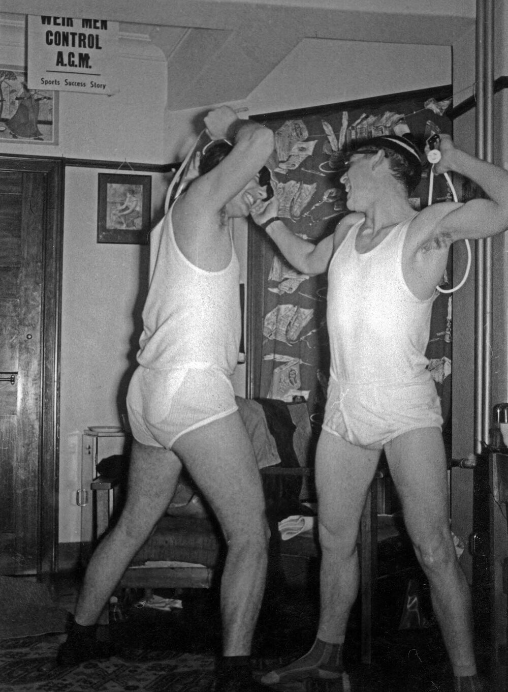 Two Weir House residents in a mock battle 