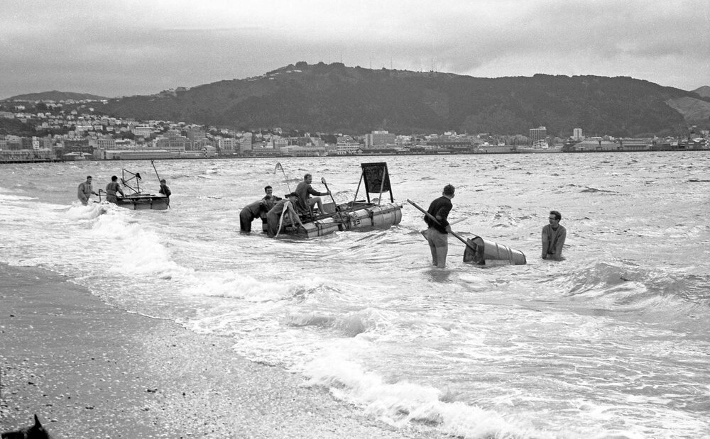 Weir residents aboard rafts in Oriental Bay