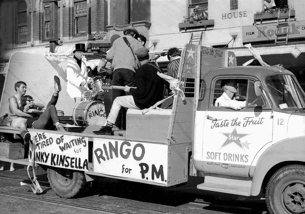 Band on float for the annual student procession through Wellington