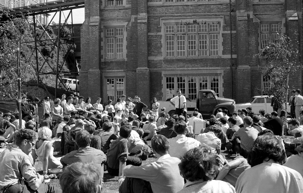 Students gathered outside the Hunter Building listening to a speaker at the weekly student forum [2]