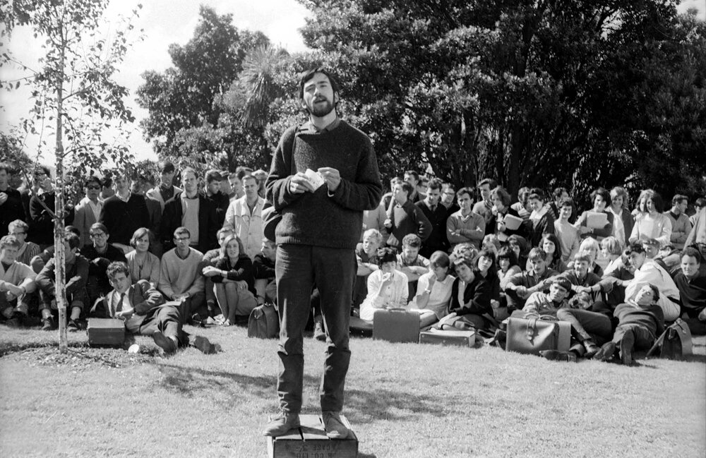 Speaker on the soapbox at the weekly student forum