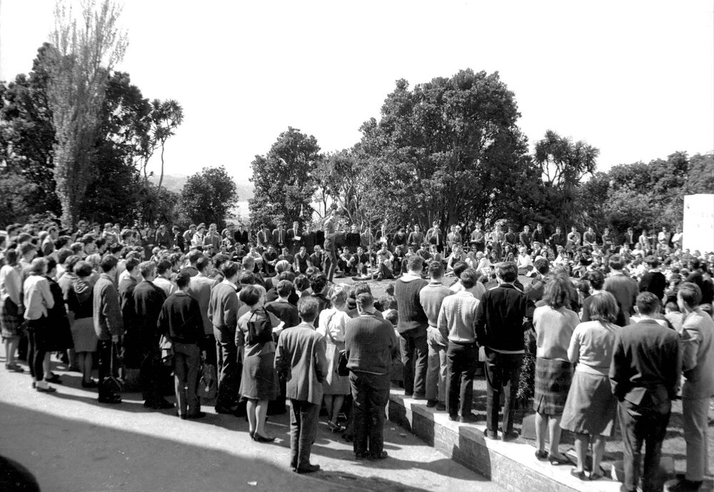 Students gathered outside for the weekly student forum