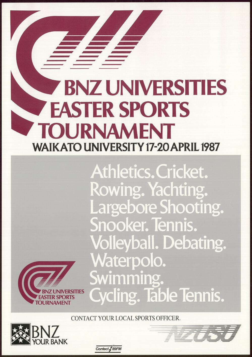 BNZ Universities Easter Sports Tournament Waikato University 17-20 April 1987.