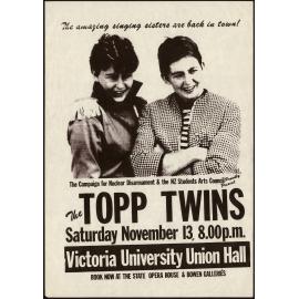 The Topp Twins, Saturday November 13, 8.00p.m., Victoria University Union Hall.