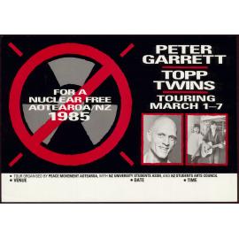 Peter Garrett, Topp Twins touring March 1-7 for a nuclear free Aotearoa/NZ 1985.