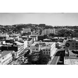 [View from roof of Inland Revenue Department, showing Dixon and Manners Streets, Wellington]