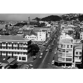 [View from roof of Inland Revenue Department, showing Taranaki Street, Wellington, looking towards Mt Cook]