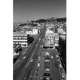[View from roof of Inland Revenue Department, showing Taranaki Street, Wellington, looking towards Mt Cook]