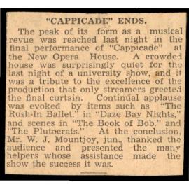 Newspaper clipping - "Cappicade" Ends. 1937.