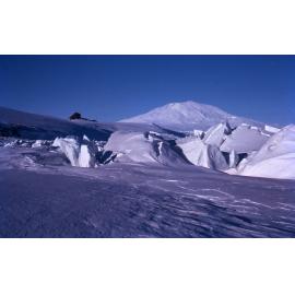 Mt Erebus. Pressure ridges in foreground