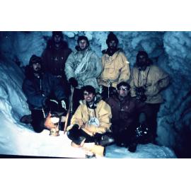 Ice cave near Scott Base – left to right, back - Peter Barrett, John McPherson, Rodney Grapes, Gavin Young, Barry Kohn, front – Dave Reid, Alex Ritchie